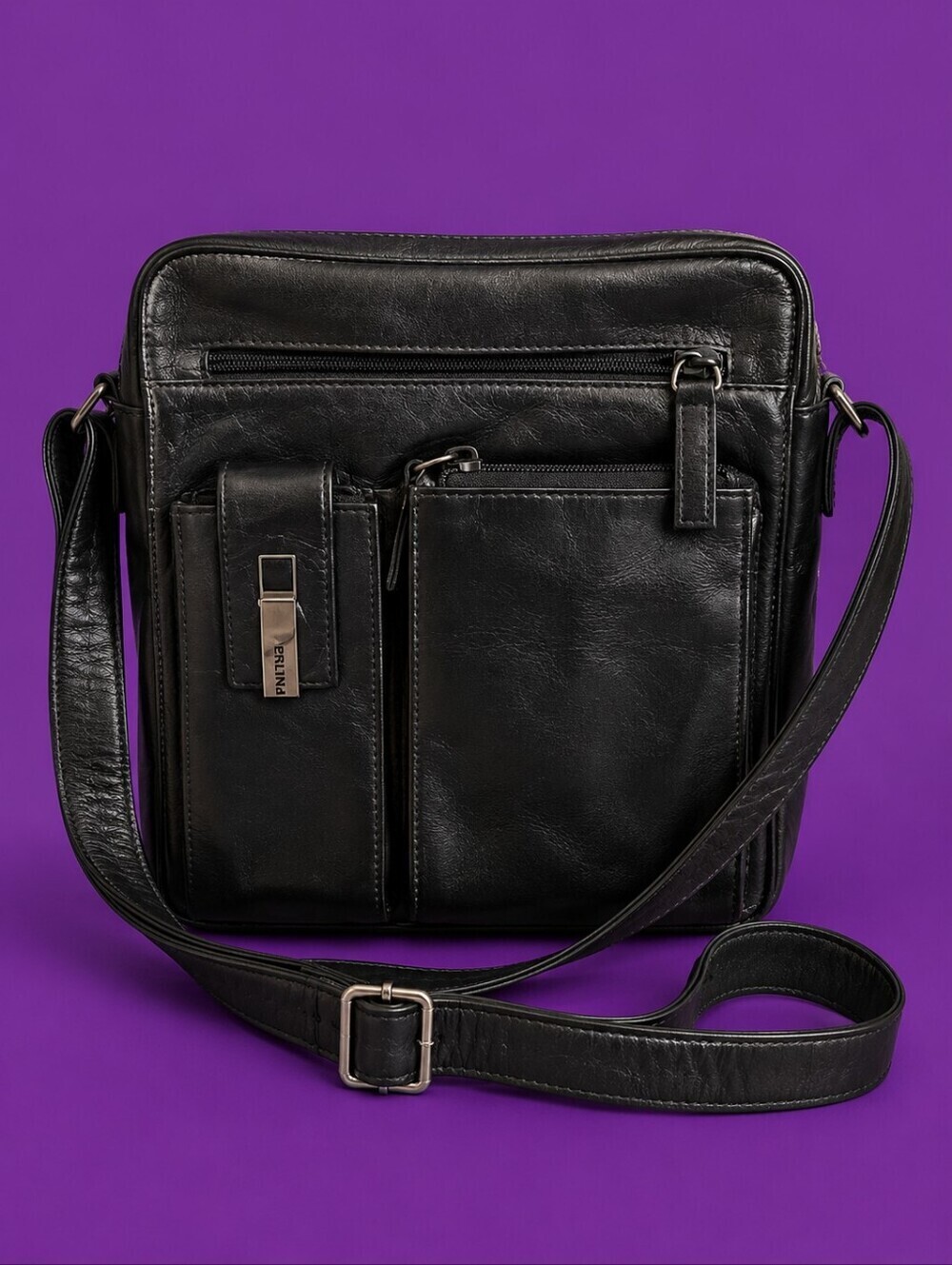 PERLINA Black Soft Leather Unisex Crossbody Bag